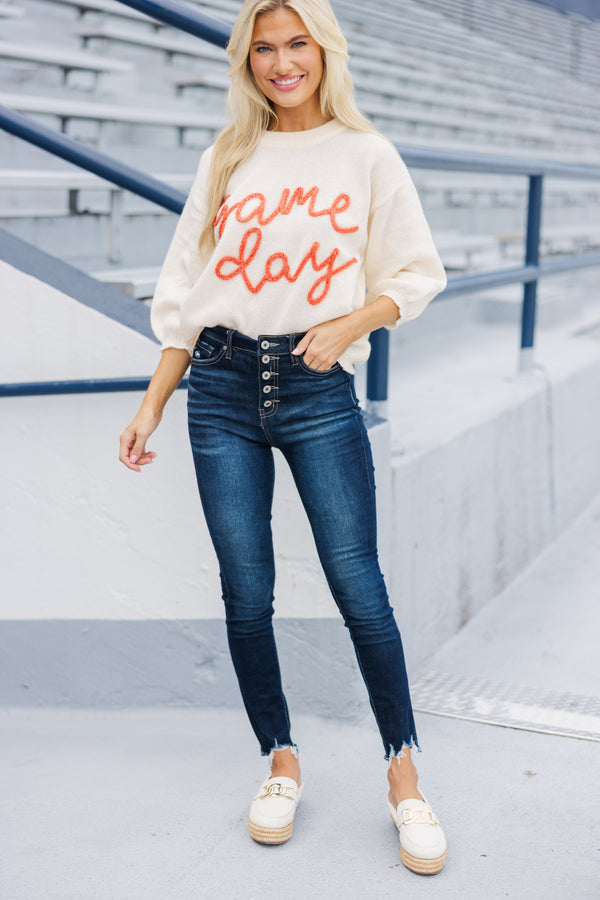 It's Game Day Ivory/Orange Puff Sleeve Sweater