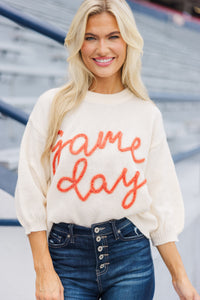 It's Game Day Ivory/Orange Puff Sleeve Sweater