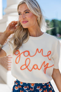 To The Stadium White and Orange Game Day Puff Sleeve Sweater