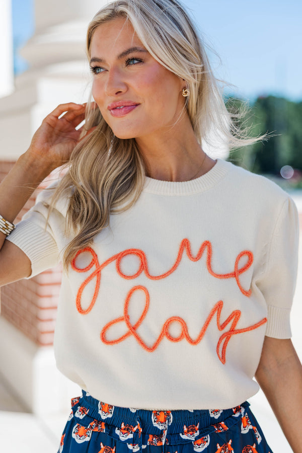 To The Stadium White and Orange Game Day Puff Sleeve Sweater