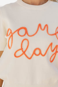 To The Stadium White and Orange Game Day Puff Sleeve Sweater