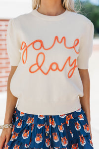 To The Stadium White and Orange Game Day Puff Sleeve Sweater