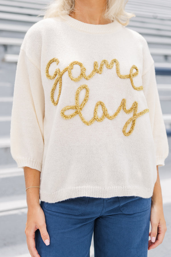 It's Game Day Ivory/Gold Puff Sleeve Sweater