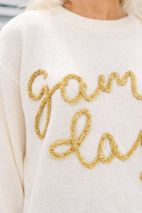 It's Game Day Ivory/Gold Puff Sleeve Sweater