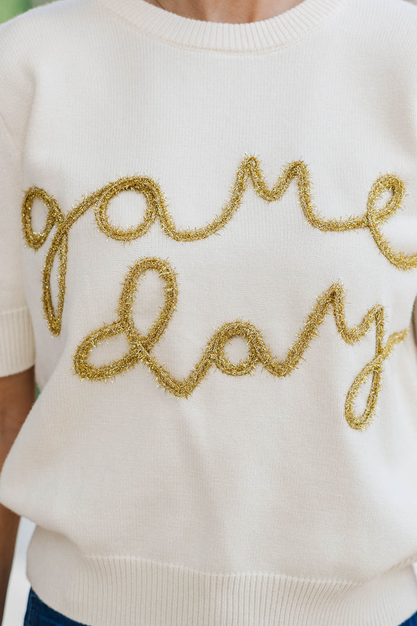To The Stadium White and Gold Game Day Puff Sleeve Sweater