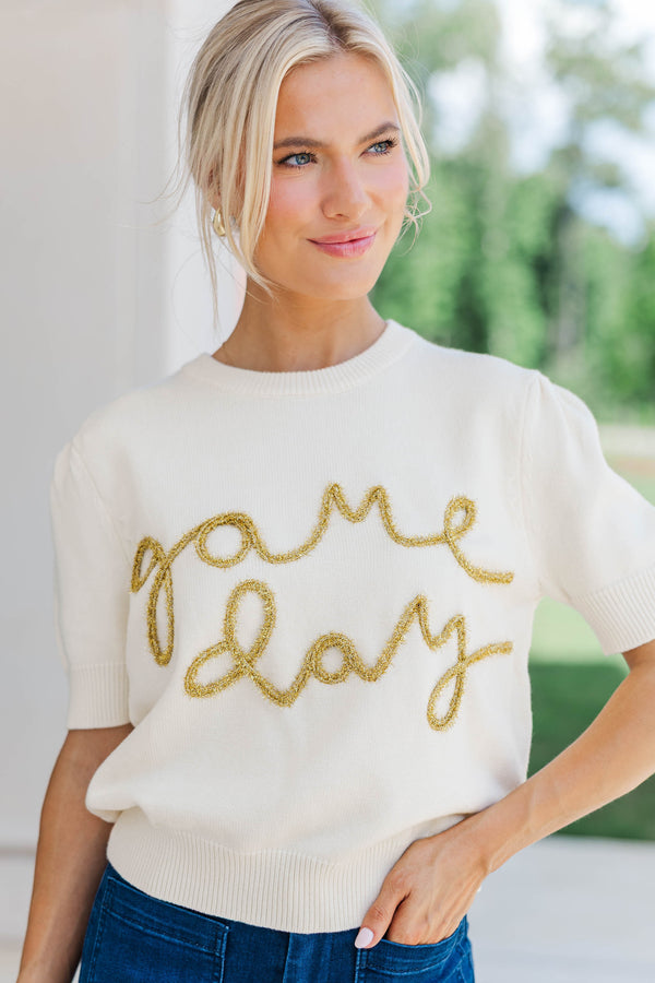 To The Stadium White and Gold Game Day Puff Sleeve Sweater