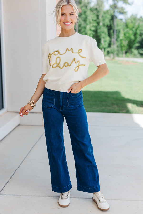 To The Stadium White and Gold Game Day Puff Sleeve Sweater