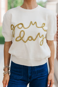 To The Stadium White and Gold Game Day Puff Sleeve Sweater