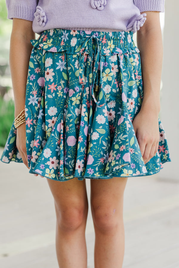 Girls: Look Your Way Teal Green Floral Ruffled Skort