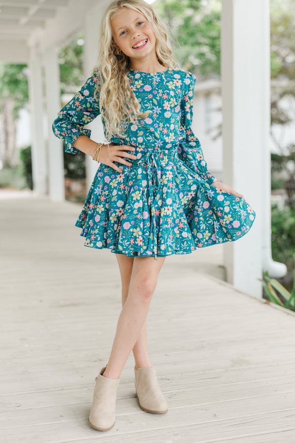 Girls: Waiting For You Teal Blue Floral Blouse