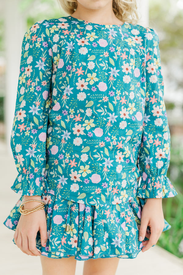 Girls: Waiting For You Teal Blue Floral Blouse