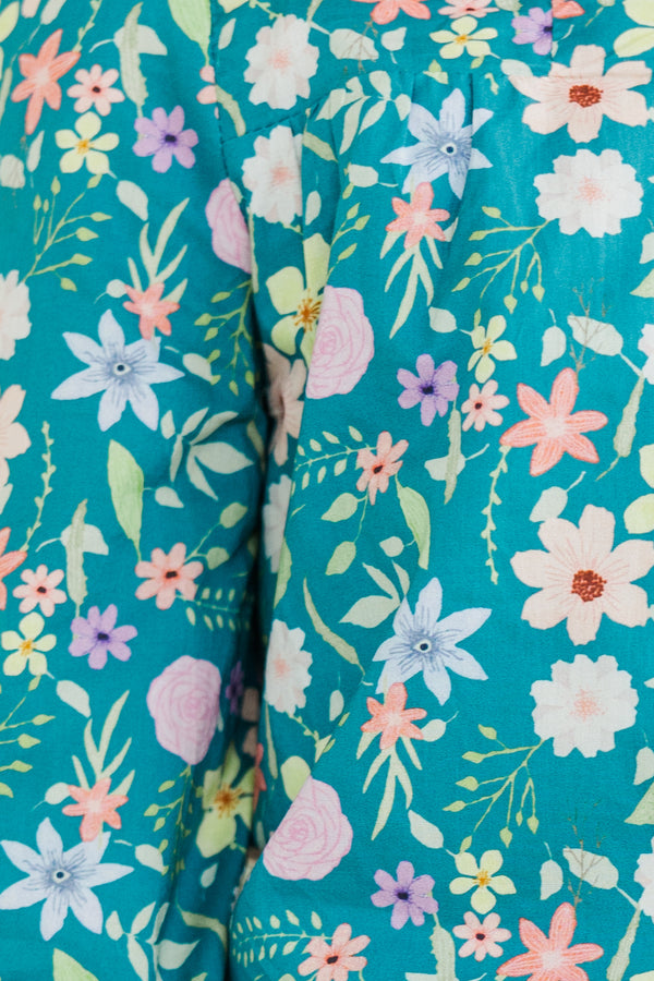 Girls: Waiting For You Teal Blue Floral Blouse