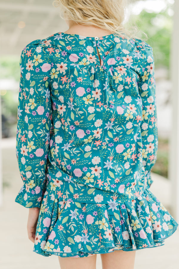 Girls: Waiting For You Teal Blue Floral Blouse