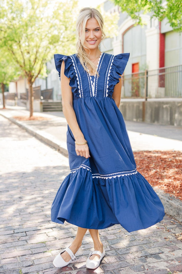 Ready For The Day Navy Blue Ruffled Midi Dress