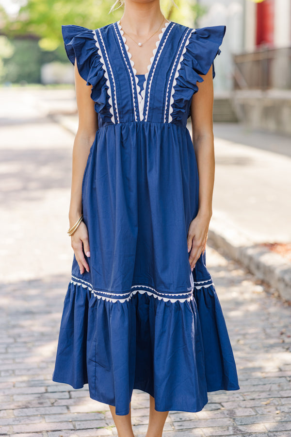 Ready For The Day Navy Blue Ruffled Midi Dress Shop the Mint Ready For The Day Navy Blue Ruffled Midi Dress Shop the Mint
