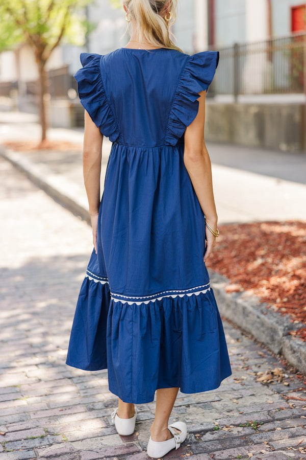 Ready For The Day Navy Blue Ruffled Midi Dress Shop the Mint Ready For The Day Navy Blue Ruffled Midi Dress Shop the Mint