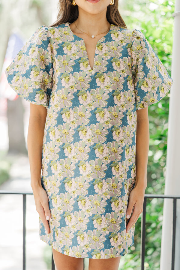 Feels Like Love Slate Floral Brocade Shift Dress