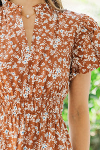 Win You Over Chestnut Brown Ditsy Floral Dress