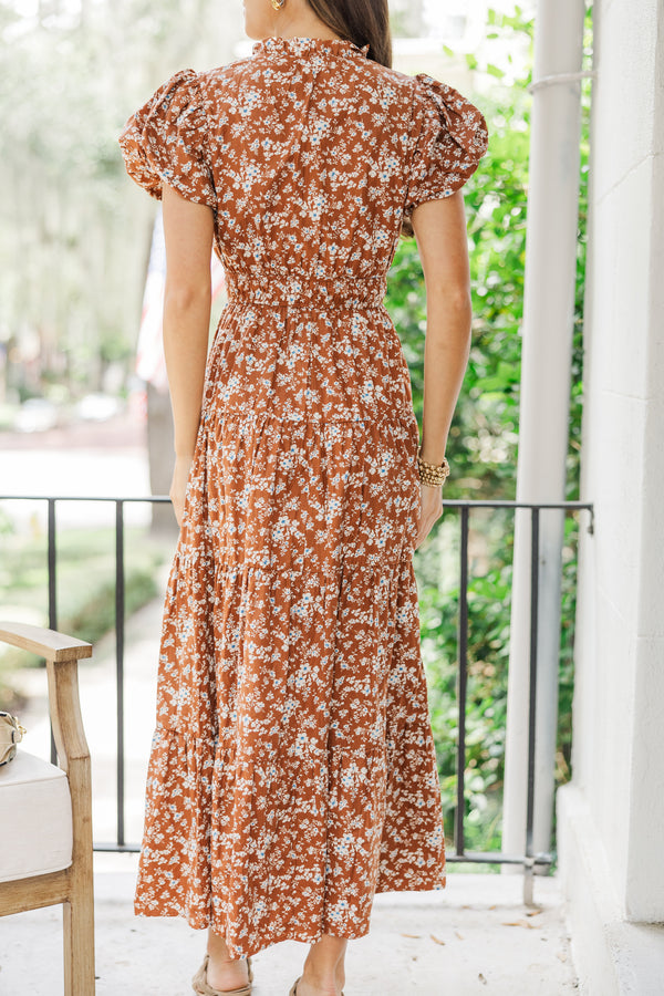 Win You Over Chestnut Brown Ditsy Floral Dress