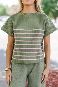 Ready For The Day Olive Green Striped Sweater