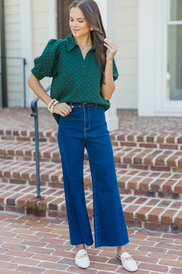 Worth Your While Hunter Green Textured Blouse