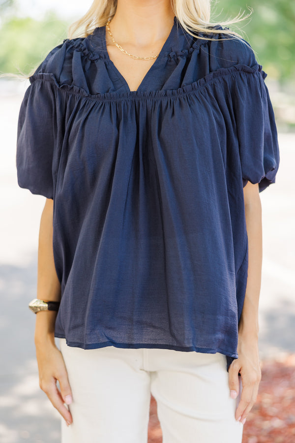 Faith In Love Light Navy Blue Ruffled Blouse