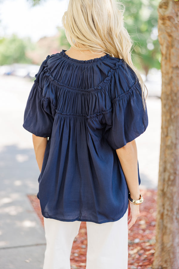 Faith In Love Light Navy Blue Ruffled Blouse