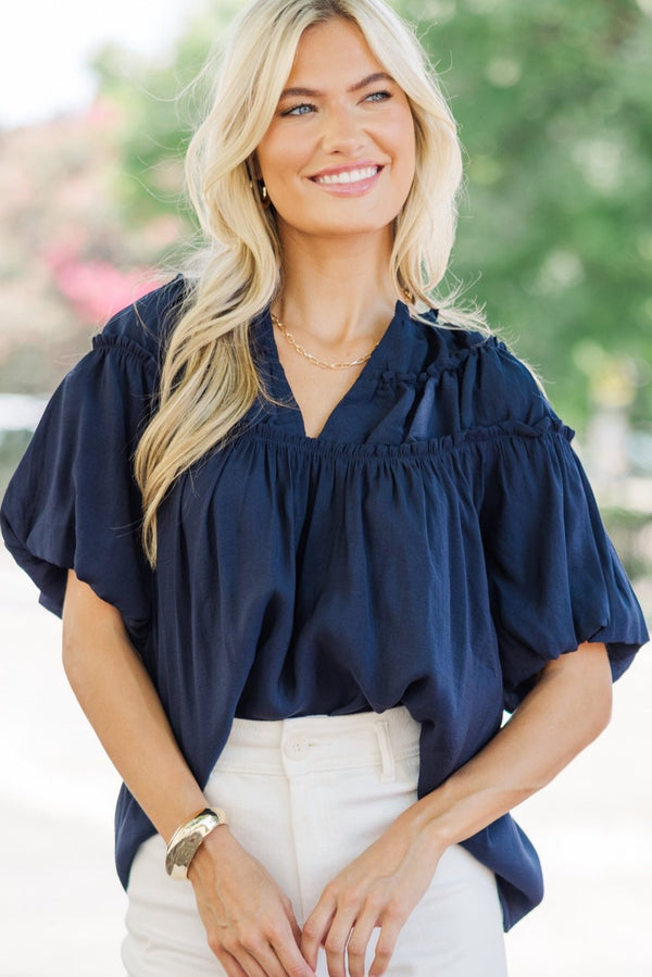 Faith In Love Light Navy Blue Ruffled Blouse