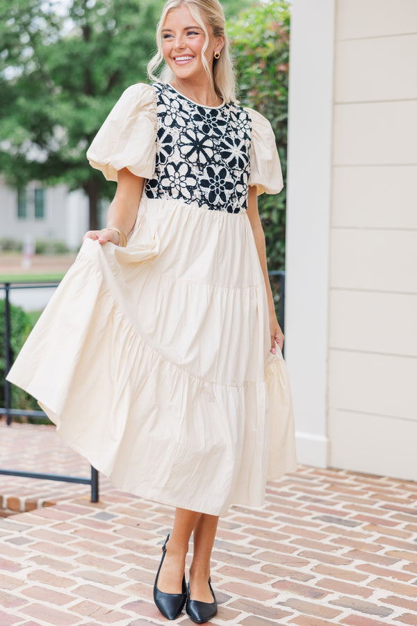 For The Moment Taupe Crochet Midi Dress