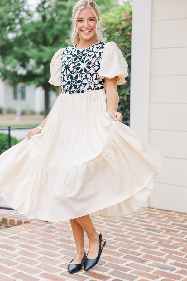 For The Moment Taupe Crochet Midi Dress