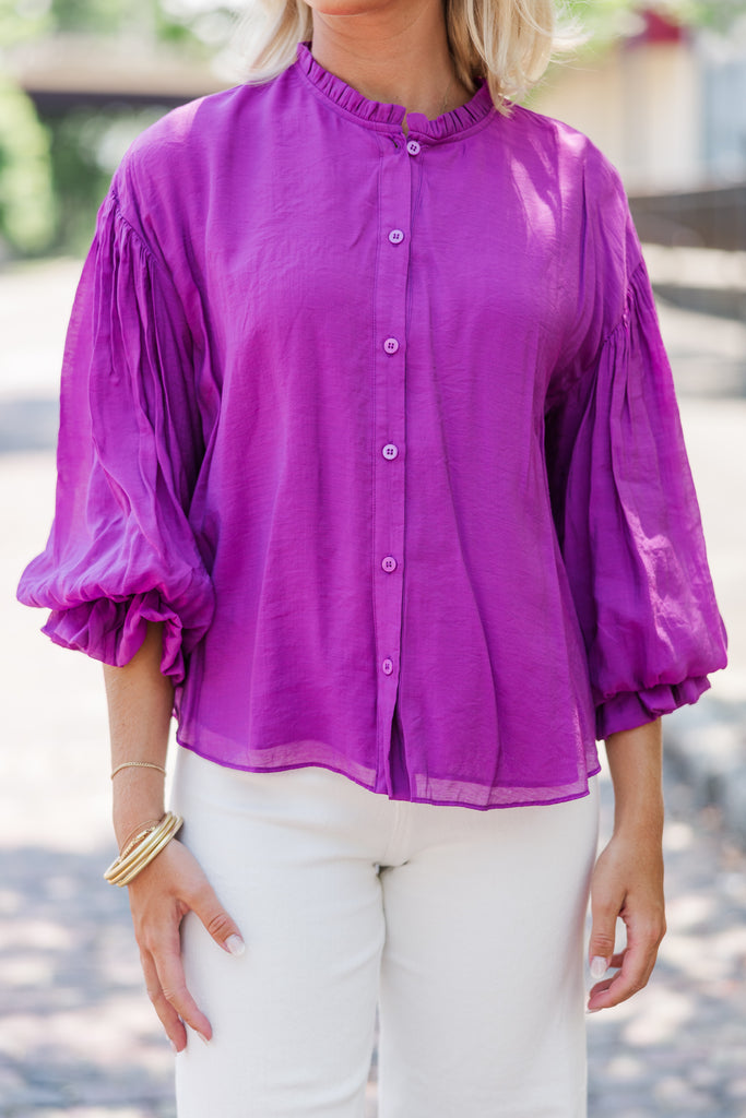 Pruple Ruffland Somewhere New Purple Ruffled Blouse – Shop the Mint