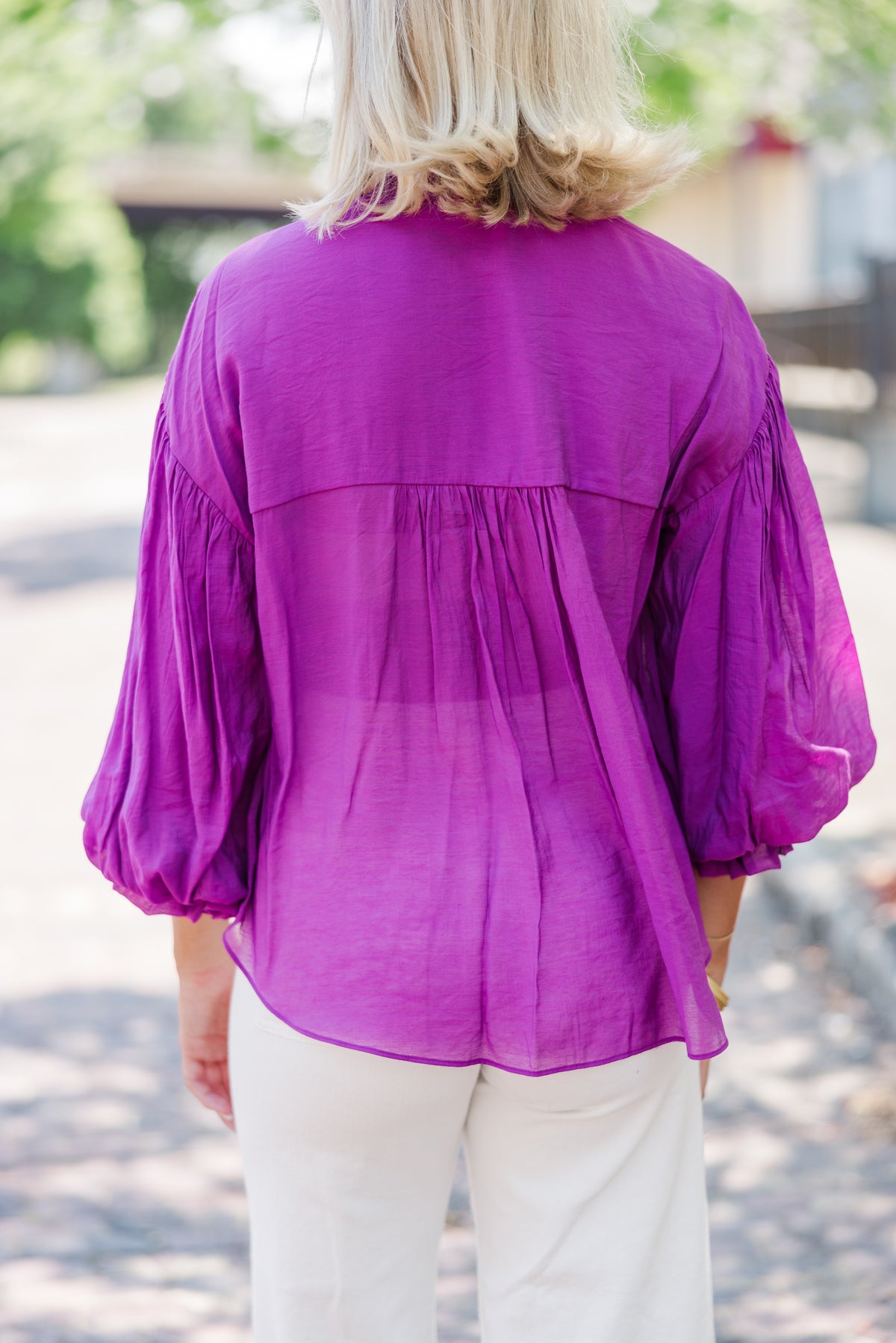 Pruple Ruffland Somewhere New Purple Ruffled Blouse – Shop the Mint