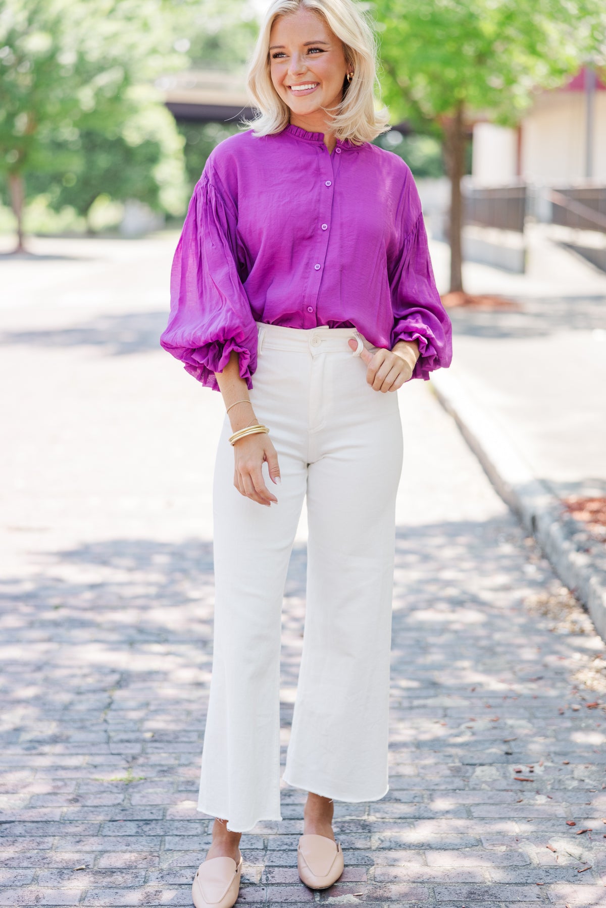 Pruple Ruffland Somewhere New Purple Ruffled Blouse – Shop the Mint
