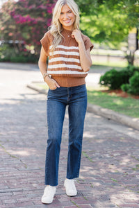 Get It Going Camel Brown Striped Cable Knit Sweater Top