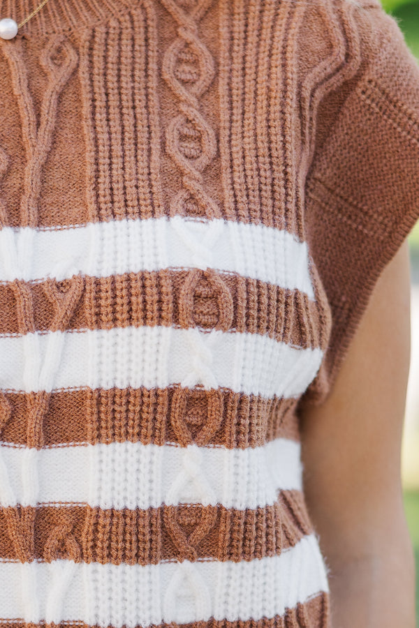 Get It Going Camel Brown Striped Cable Knit Sweater Top