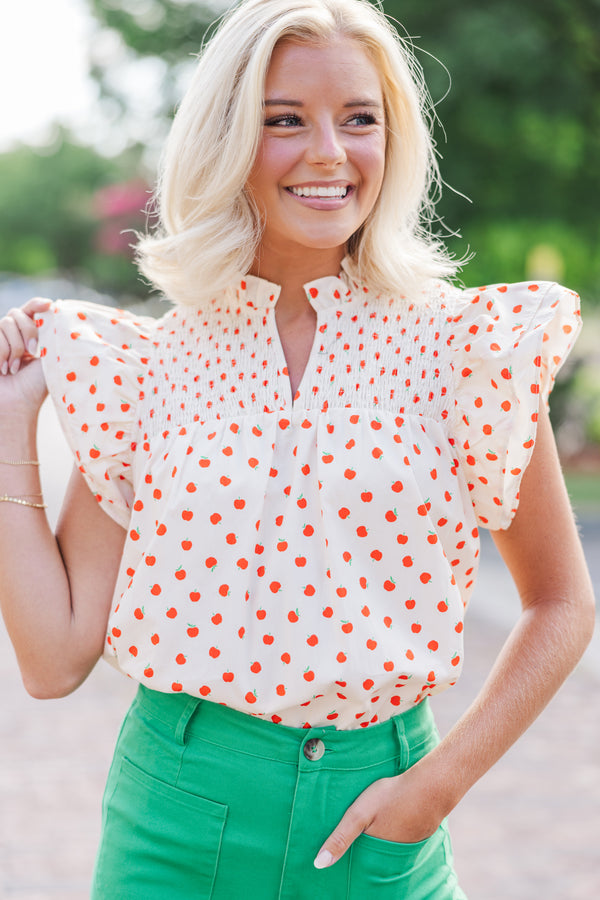 apple print blouses, ruffled blouses, babydoll top, shop the mint