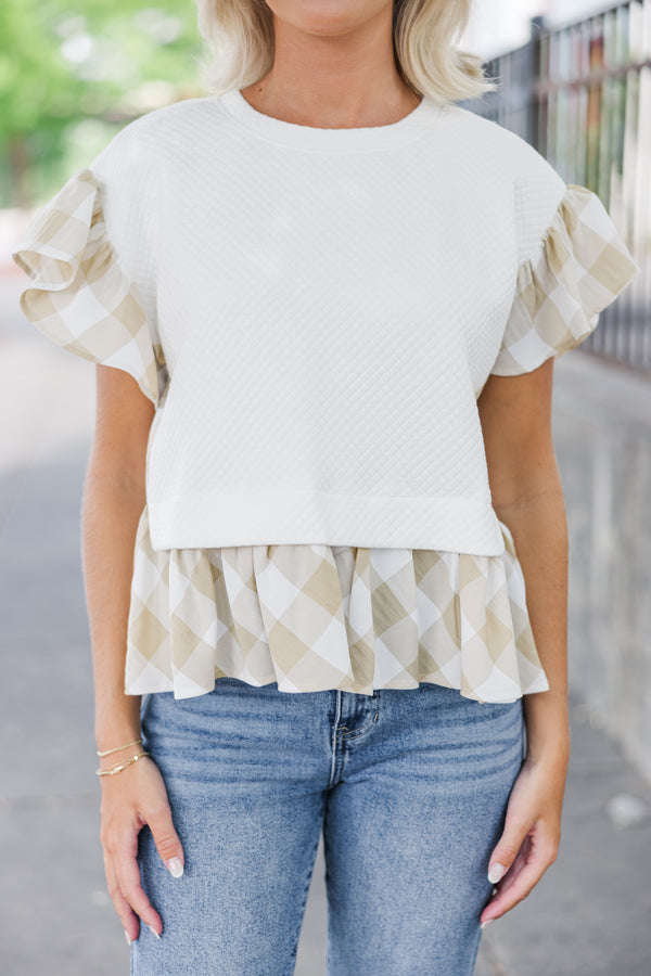 layered tops, gingham tops, neutral blouses, shop the mint