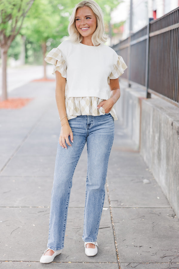 layered tops, gingham tops, neutral blouses, shop the mint