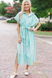 striped midi dresses, embroidered midi dresses, button down midi dresses, shop the mint