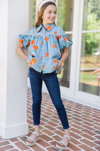 Girls: Know You Better Blue Floral Puff Sleeve Blouse