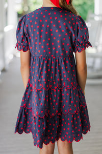 Girls: Perfectly Paired Navy Blue Apple Print Dress