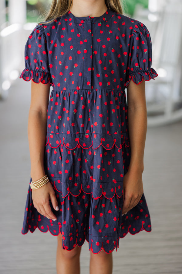 Girls: Perfectly Paired Navy Blue Apple Print Dress