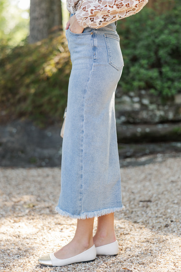 Ready And Radiant Medium Wash Denim Midi Skirt