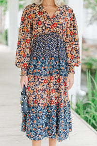 Go For It Navy Blue Ditsy Floral Midi Dress