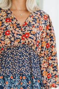 Go For It Navy Blue Ditsy Floral Midi Dress