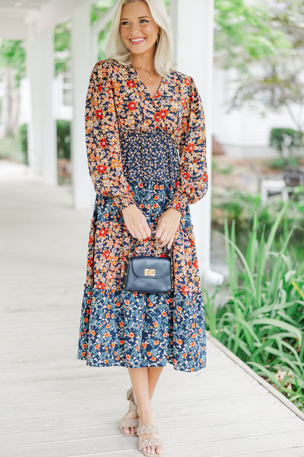 Go For It Navy Blue Ditsy Floral Midi Dress