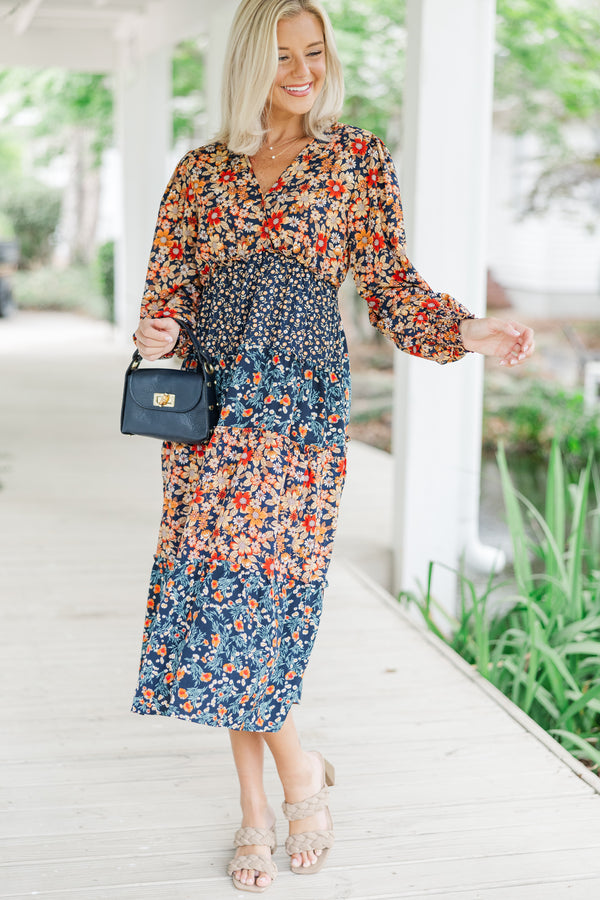 Go For It Navy Blue Ditsy Floral Midi Dress