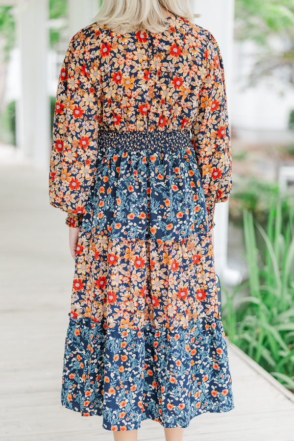 Go For It Navy Blue Ditsy Floral Midi Dress