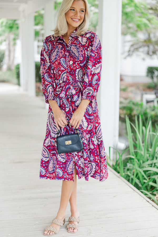 Just Having Fun Wine Red Paisley Midi Dress