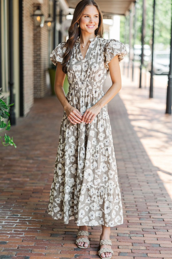 Take Note Taupe Floral Maxi Dress